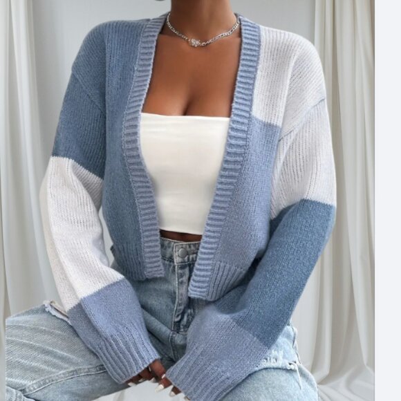 Women’s Color Block Knit Cardigan Sweater – Blue & White - Picture 1 of 4